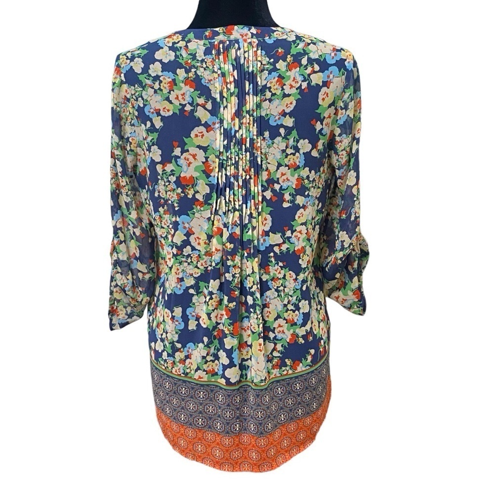 Daniel Rainn Floral Boho Peasant Blouse Roll Tab Sleeve Sheer Top Small - Picture 3 of 7